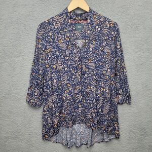 Maeve Navy Floral Tie Neck Button Up High Low Swing‎ Blouse Size S